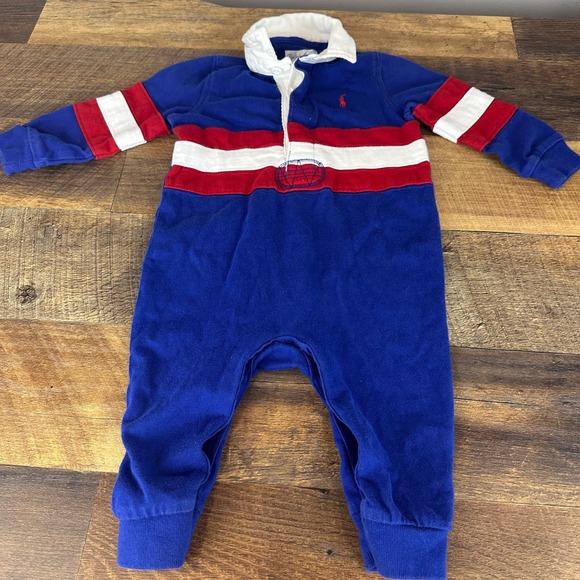 Ralph Lauren Other - Ralph Lauren Baby Boy Blue Red White Striped Rugby Romper 6M Long Sleeve Collar